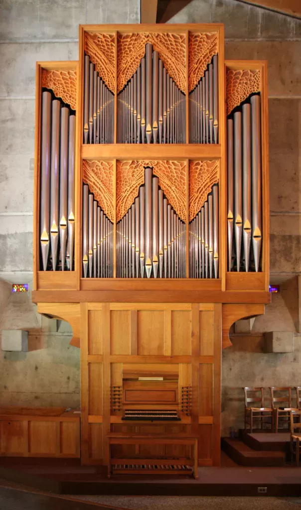 A tracker pipe organ in a case